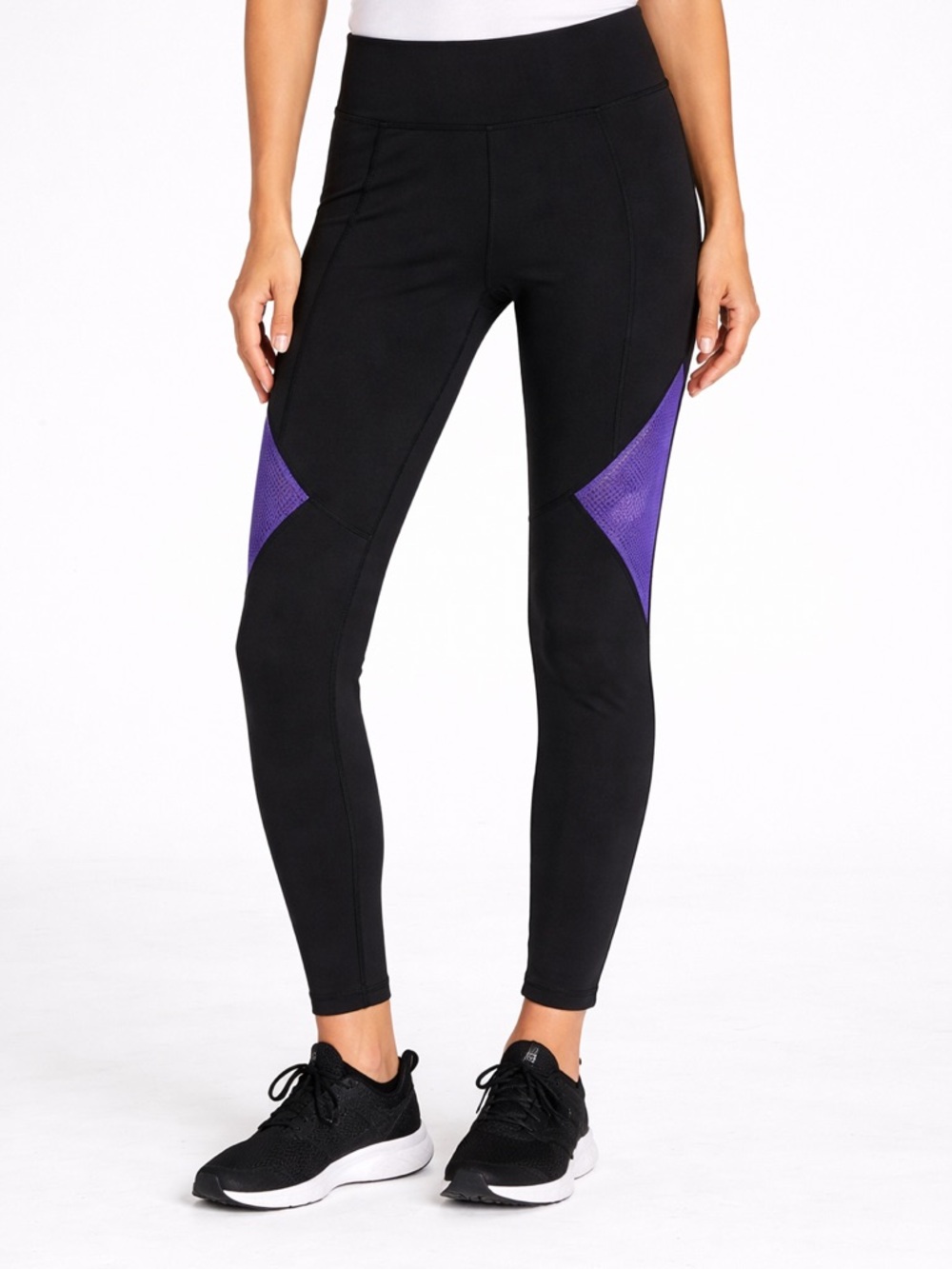 High-Rise Black Leggings with Purple Mesh Panels